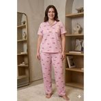 FAMES PİJAMA Yazlık Kadın Fuşya Kurdela Desen Kaşkorse Rahat Fitilli Pijama Takım