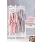 Family Dantelli Pembe & Lila Aile Bornoz Seti 6 Parca Ceyizlik Kadin Erkek Bornoz Banyo Havlu Takimi