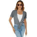 Famrrifuu Bolero kadın şifon kutlama omuz ceketi kısa kollu yazlık kısa hırka hafif bolero düğümlü, Gri, L