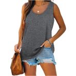 Famulily Henley Tank Top Gri U Yaka Düğmeli Kolsuz Kadın Bluz