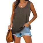 Famulily Henley Tank Top Kahverengi U Yaka Düğmeli Kolsuz Kadın Bluz
