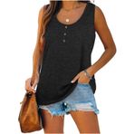 Famulily Henley Tank Top Koyu Siyah U Yaka Düğmeli Kolsuz Kadın Bluz