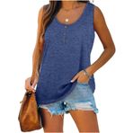 Famulily Henley Tank Top Mavi U Yaka Düğmeli Kolsuz Kadın Bluz