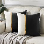 Fancy Homi 2 Paket Siyah Dekoratif Kırlent Kılıfları 45x45 cm Oturma Odası Kanepe Yatağı için, Siyah Beyaz Kadife Yama İşi Altın Deri, Lüks Modern Ev Dekoru, Accent Yastık Kılıfı 45x45 cm