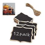 FANCY NOVA 12'li paket kara tahta etiketi, asılı mini kara tahta levhaları, ahşap asılı kara tahta etiketleri, sicim tebeşiri, sepet, düğün, çocuk el işi veya saklama levhası için asılı işaretler