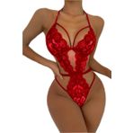 Fancy&Dancy Kadın Dantelli Tül Şık Babydoll Gecelik - Tek Parça İç Çamaşırı Bodysuit - 6800 (Kırmızı, Large)