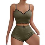 Fancy&Dancy Kadın Haki Renk Kaşkorse Kumaş Büstiyerli Pijama Takımı 005 (Haki, Small)