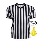 FancyFun 3 Adet Erkek V Yaka Hakem Gömleği Siyah ve Beyaz Çizgili Hakem Forması Ref Gömlek Erkekler için Şapka Paslanmaz Çelik Düdük Penaltı Bayrağı Futbol için 2XL