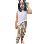 FancyKids Kız Çocuk İkili Takım Beyaz Bluz Renkli Çizgili Pantolonlu (Çizgili Desenli, 6-7 Yaş)