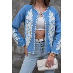 FancyWorld Mavi Beyaz Desenli Nakış İşlemeli Vintage Kot Denim Ceket