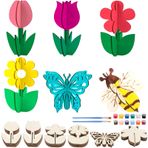 Fangoo 24 ADET 3D Çiçekler Ahşap Kesikler Bitmemiş Ahşap Çiçek Kelebekler Arılar Şekiller Boş Ahşap Süsler Çiçek 12 Renk Akrilik Pigment Boya Ev Bahçe Parti Dekor DIY El Sanatları