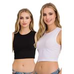 fanilam İlke Kadın Elestan Kolsuz Crop -Pamuklu Şık Ve Rahat Yarım Atlet Body 2 adet Siyah+ Beyaz L