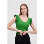 Fanori Woman Fitted/vücuda Oturan Crop Kolu Fırfırlı V Yaka Yeşil Triko Bluz