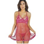 Fantezi Kısa Tül Dantel-İpli Tanga Pembe Gecelik Set