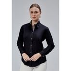 FARQIN Siyah Pamuk Saten Likralı Ebruli Dikiş ve Düğme Detaylı Slim Fit Kadın Gömlek