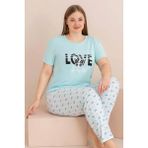 Farya Home Büyük Beden Pamuklu Desenli Anne Kalıp Kısa Kollu Pijama Takımı - Mavi - 3XL