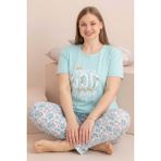 Farya Home Büyük Beden Pamuklu Desenli Anne Kalıp Kısa Kollu Pijama Takımı - Mint