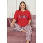 Farya Home Büyük Beden Pamuklu Desenli Kısa Kollu Pijama Takımı - Kırmızı - 3XL