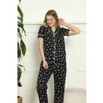 Farya Home Siyah Dreamy Pamuklu Biyeli Yıldız Desenli Kısa Kollu Gömlek Pijama Takımı