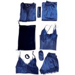 Faryanight 8 Parça İpek Saten Gecelik Sabahlık Büstiyer Pijama Şort Çeyiz Seti, Lacivert, L
