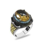 Faset Zultanit Taşlı Yanları Firuze Taş Mıhlamalı Labirent Detaylı 925 Ayar Gümüş Erkek Yüzük