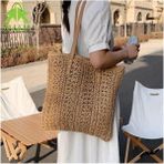 Fashion Cocktail Deri Saplı Fermuarlı Iç Cepli Kare Örgü Yazlık Sahil Plaj Beachwear Hasır Örgü Ithal Çanta - Camel