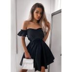 Fashion Cocktail Doğal Keten Kumaşlı Puf Kol Kabarık Straples Elbise Siyah