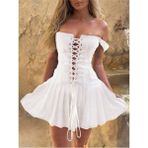 Fashion Cocktail Dokulu Kumaş Ayarlanabilir Ön Korseli Kalın Askılı Mini Sexy Gece Elbisesi Siyah - 34 - Beyaz