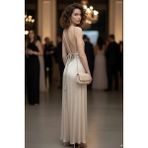 Fashion Cocktail Helen Örgü Sırt Bağlamalı Mat Yumuşacık Saten Yırtmaçlı Bohem Yazlık Uzun Helenistik Gece Elbise - Dore - 40
