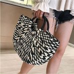 Fashion Cocktail Hilal Yarım Daire Astarlı Çift Iki Renk Saplı Yazlık Hasır Çanta - Siyah