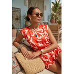 Fashion Cocktail Mini Degajeli Kuşaklı Sırt Düğmeli Kırmızı Beyaz Soyut Desenli Kuşaklı Saten Cepli Kolsuz Tatil Tulumu - 38