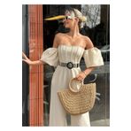 FASHION COCKTAIL Puf Kol Kemerli Straples Cepli Geniş İspanyol Paça Yüksek Bel Gece Kokteyl Davet Yazlık Uzun Tulum