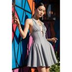 Fashion Cocktail Siyah Kartaneli Simli Askılı Bağlamalı Göğüs Pileli Kabarık Tütü Beli Saran Fit Süper Mini Elbise - 38 - Gri