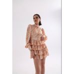 Fashion Cocktail Vatkalı Omuz Katlı Etek Ithal Soft Otantik Desen Şifon Kumaşlı Uzun Kol Baharlık Mini Elbise - 36 - Oranj