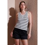 Fashion Friends Çizgili Standart Fit Yuvarlak Yaka Düğme Detaylı Atlet Bayan Atlet 25Y0297K1 - Lacivert