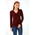 Fashion Friends Esnek V Yaka Bordo Kadın Kazak 25K0778K1