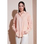 Fashion Friends Pamuklu Çizgili Oversize Uzun Kollu Bayan Gömlek 26Y0670K1 TURUNCU