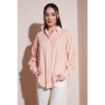 Fashion Friends Pamuklu Çizgili Oversize Uzun Kollu Gömlek Bayan Gömlek 26Y0670K1 - Turuncu