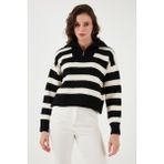 Fashion Friends Relaxed Fit Yarım Fermuarlı Dik Yaka Çizgili Kazak Bayan Kazak 24K0011K1 - Siyah