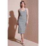 Fashion Friends Standart Fit Kare Yaka Midi Boy Bayan Elbise 25Y0299K1 Ekru Çizgili