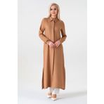 Fashion Showcase Gizli Patlı Uzun Tunik Keten Görünümlü - Kahverengi