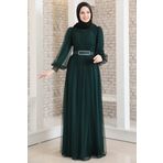 Fashion Showcase Kadın Petrol Yeşili Kemeri Taşlı Tül Detay Abiye Fsc2020