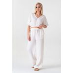 Fashion Showcase Müslin %100 Doğal Pamuk Beli Lastikli Bol Paça Pantolon - Beyaz