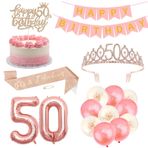 FASOTY Kadınlar için 50. Doğum Günü Süslemeleri Pembe Altın 50. Doğum Günü Tacı ve Kuşak, Mutlu Yıllar Afişi, Pasta Üstü, 50. Doğum Günü Balonları, Onun için 50. Doğum Günü Hediyeleri