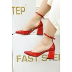 Fast Step Hakiki Deri Kadın Kalın Topuklu Ayakkabı 064ZA113 - Kırmızı Rugan