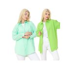 FATELLA Kadın DÜZ RENK KETEN RAHAT KESİM Oversize Uzun 2li Su Yeşili Yeşil Gömlek (2 adet)