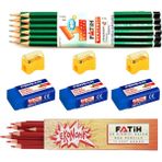 Fatih 12 Li Mercanlı Kurşun Kalem Kırmızı Kopya Kalemi Silgi Kalem Açacağı Set - Standart - Karışık-Çok Renkli