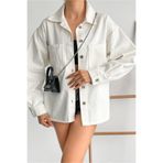 Fav Style CKT0006 Oversize Uzun Kollu Çift Cepli Kırık Beyaz Kadın Gömlek