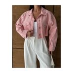 Fav Style Kadın Altı Kesik Dikişsiz Düğmeli Çift Cepli Crop Oversize Kot Ceket Pembe