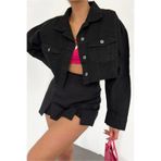 Fav Style Kadın Altı Kesik Dikişsiz Düğmeli Çift Cepli Crop Oversize Kot Ceket Siyah